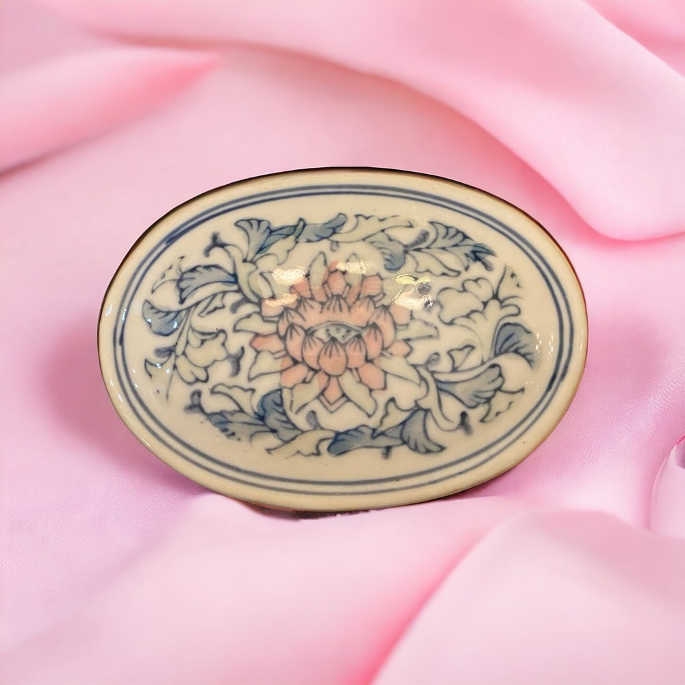 Vintage Chinoiserie Porcelain Oval Trinket Box Mint in Box Floral Blue Pink